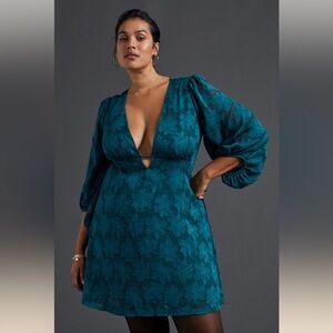 Anthropologie Jacquard Tunic Dress 18W $148 Green Teal Puff Sleeve